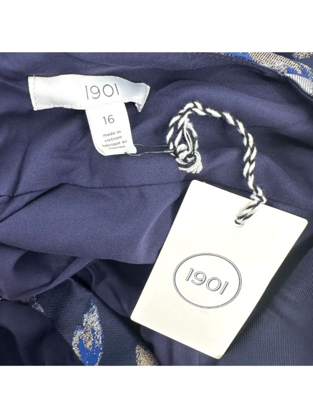 1901 Nordstrom Navy Floral Metallic Jacquard Belted Midi Dress Womens 16 NEW - Picture 12 of 16